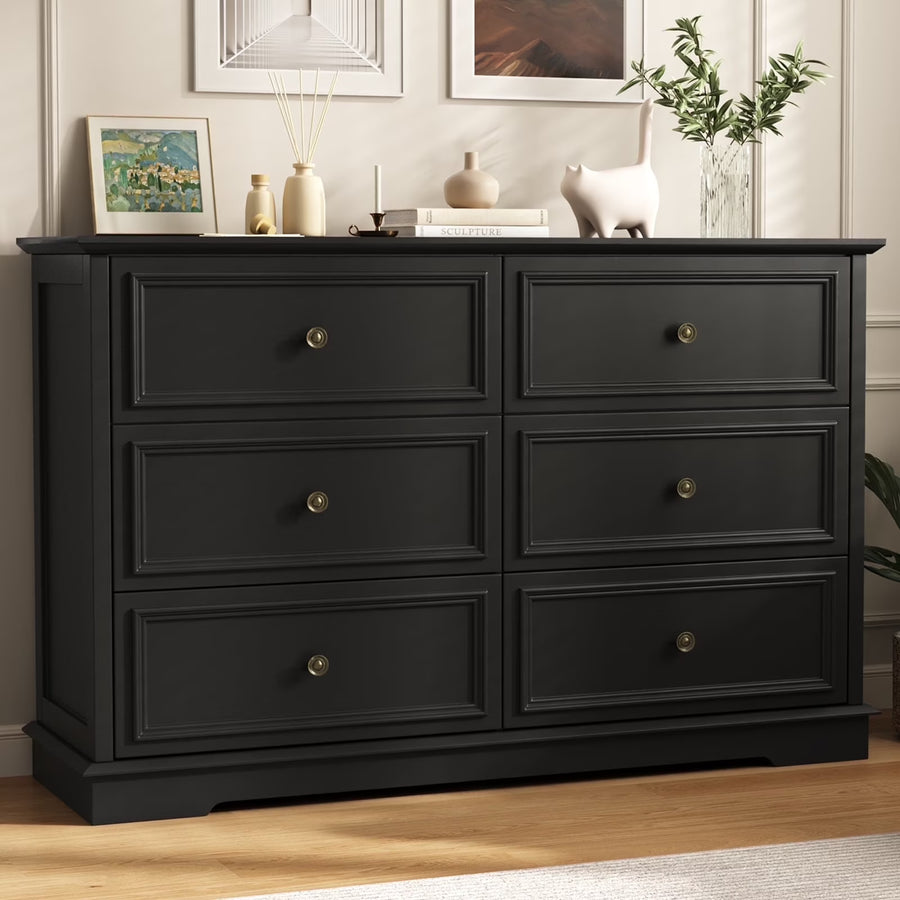 IDEALSOUL Black Dresser, 6 Drawer Dresser for Bedroom, Retro Wood Storage Cabinet for Living Room