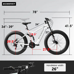 26 in Mountain Bike for Men, 26*4" Fat Tire Mountain Bicycles, Full - Suspension 21 - Speed Drivetrain with Disc Brakes