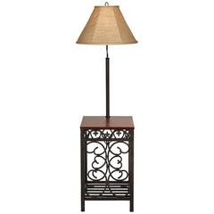Regency Hill Travata Rustic Vintage Floor Lamp with End Table 54" Tall Bronze Scrollwork Swing Arm Burlap Fabric Empire Shade for Living Room Reading