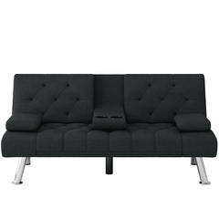 Homfa 66.3'' Upholstered Sofa Bed Couch, Convertible Futon Folding Sleeper Sofa with Removable Armrests and 2 Cupholders for Living Room, Black