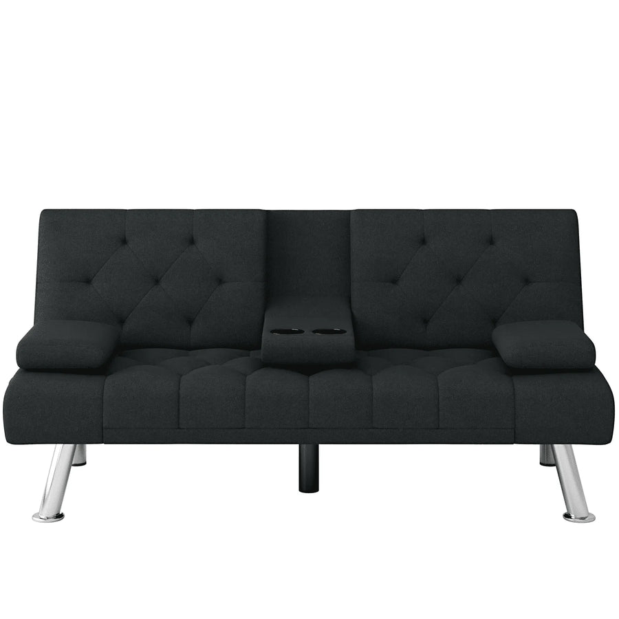 Homfa 66.3'' Upholstered Sofa Bed Couch, Convertible Futon Folding Sleeper Sofa with Removable Armrests and 2 Cupholders for Living Room, Black
