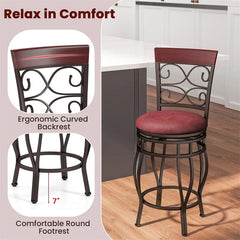 26" Vintage Swivel Bar Stools Set of 2, Counter Height Metal Barstools with Back & Upholstered PU Leather Padded Seat for Pub, Kitchen Island