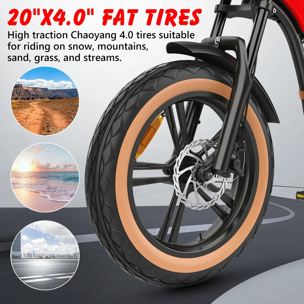 Hidoes B10 Electric Mountain Bike for Men/Woman 1000W Adult Electric Bicycle 20" Fat Tire Off Road E - Bike with Removable Battery up to 28 Mph, Free Shipping, Red