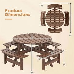 8-Person Round Wood Picnic Table Set with 4 Built-in Benches & 2" Umbrella Hole, Holds 2420 LBS, Outdoor Dining Table & Bench for Patio Garden