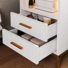 DEXTRUS Side Table with Charging Station, 3 - Drawer LED Light Bedside End Table Nightstand for Bedroom Living Room Small Space, White