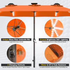 AECOJOY 15ft Patio Double-Sided Umbrella, 156 PCS Solar LED Light Outdoor Large Umbrella, Orange