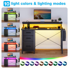 40 in Computer Desk with Power Outlets & LED Lights, Home Office Desk with 3 Drawers & Adjustable Monitor Shelf, , Writing Desk with Storage Bag, Vintage
