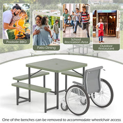 4-8 Person Outdoor Picnic Table Bench Set, All-Weather HDPE Square Dining Table with Umbrella Hole, 4 Benches & Metal Frame for Patio Backyard