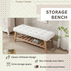 Dayalane Upholstered Storage Bench with Shoe Rack, Linen Fabric Entryway Bench for Living Room, Bedroom and Hallway, Multi Functional Ottoman with Solid Wood Shelf, Beige