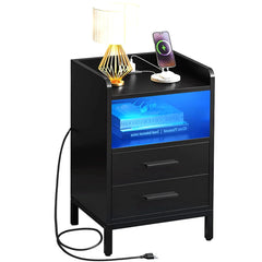DEXTRUS Side Table with Charging Station, 3 - Drawer LED Light Bedside End Table Nightstand for Bedroom Living Room Small Space, White