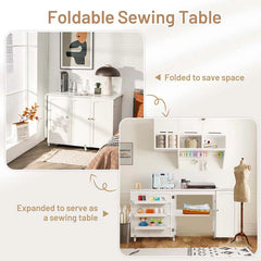 62.5" Folding Sewing Table Rolling Craft Station with Storage Cabinet & Shelves, Foldable Sewing Machine Desk w/ Lockable Wheels for Home