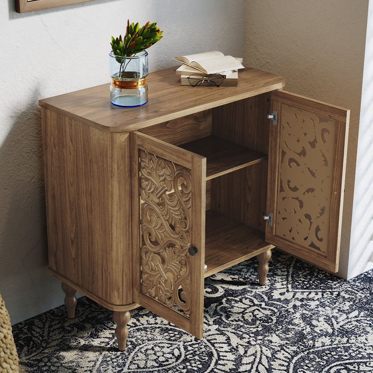 HLR 48" Accent Cabinet with 4 Doors, Vintage Hollow Carving Storage Credenza, Sideboards and Buffets Cabinet for Living Room, Kitchen, Dining Room, Entryway