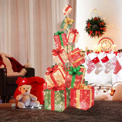 5.6FT Lighted Gift Box Tower, 15 Pre-Lit Stacked Boxes with 450 Warm White Lights, Metal Base & Ribbons, Indoor/Outdoor Christmas Light-Up Decoration