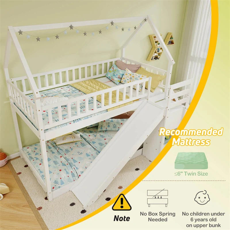 Twin Over Twin Bunk Bed House Design with Slide, Staircases & Storage Compartments, No Box Spring Needed, Wood Twin Floor Bed for Kids Teens