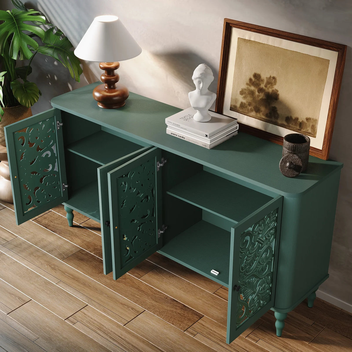 HLR 48" Accent Cabinet with 4 Doors, Vintage Hollow Carving Storage Credenza, Sideboards and Buffets Cabinet for Living Room, Kitchen, Dining Room, Entryway