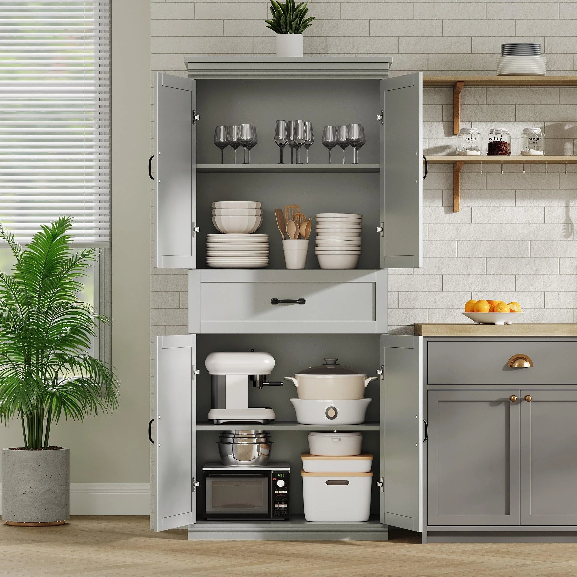 Dsstyles Pantry Cabinet, Freestanding Kitchen Pantry Storage Cabinet, 70" Cupboard, Tall Storage Cabinet with Doors and Adjustable Shelves, for Bathroom, Dining Room, Living Room, Antique White/Gray