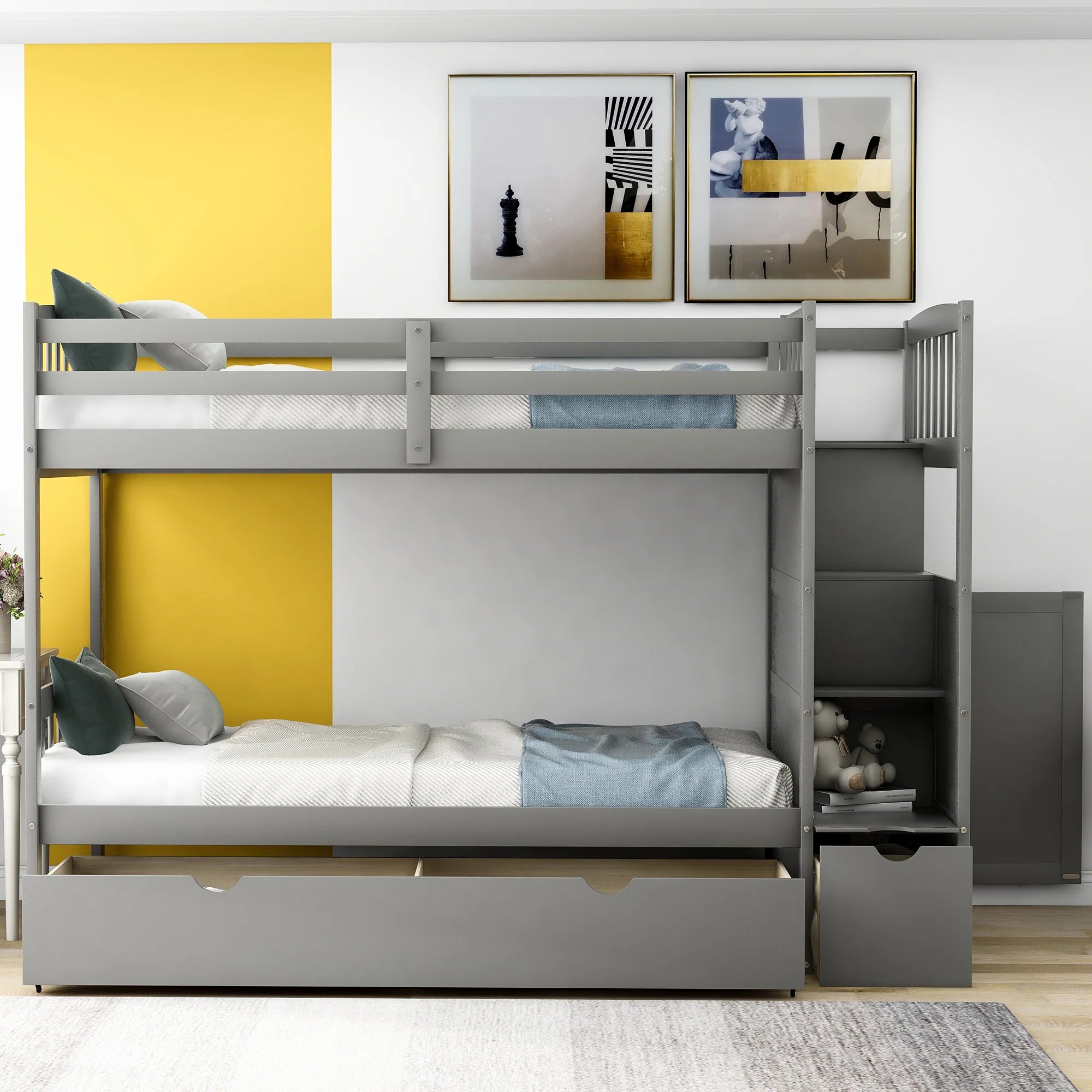 AECOJOY Twin over Full/Twin Convertible Bunk Bed with Storage Shelves and Drawers, Grey