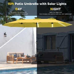 AECOJOY 15ft Patio Double-Sided Umbrella, 156 PCS Solar LED Light Outdoor Large Umbrella, Yellow
