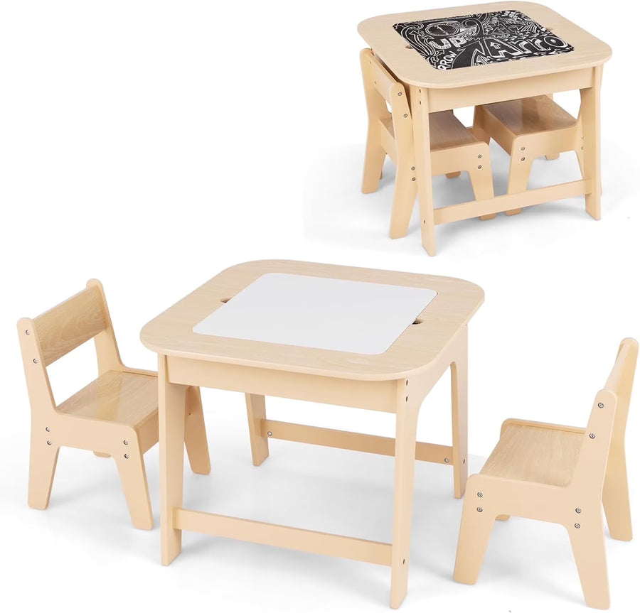 OLAKIDS Kids Table and Chair Set, 3 in 1 Wooden Activity Table with Removable Tabletop, Blackboard and Whiteboard for Toddlers Arts Crafts Drawing Reading Playing, Playroom Nursery (Natural)