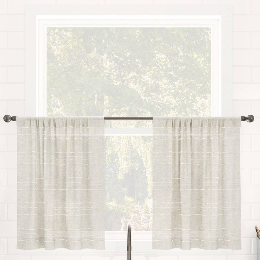 Clean Window Textured Slub Stripe Anti-Dust Linen Blend Sheer Cafe Curtain Pair - 52" x 36"