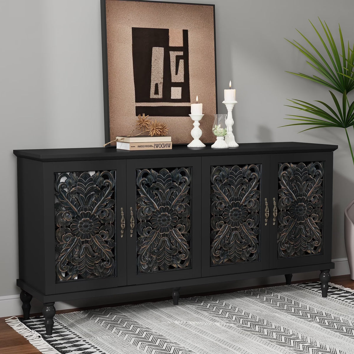 HLR 48" Accent Cabinet with 4 Doors, Vintage Hollow Carving Storage Credenza, Sideboards and Buffets Cabinet for Living Room, Kitchen, Dining Room, Entryway