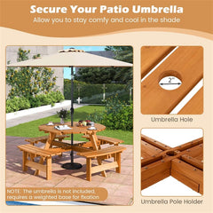 8-Person Round Wood Picnic Table Set with 4 Built-in Benches & 2" Umbrella Hole, Holds 2420 LBS, Outdoor Dining Table & Bench for Patio Garden