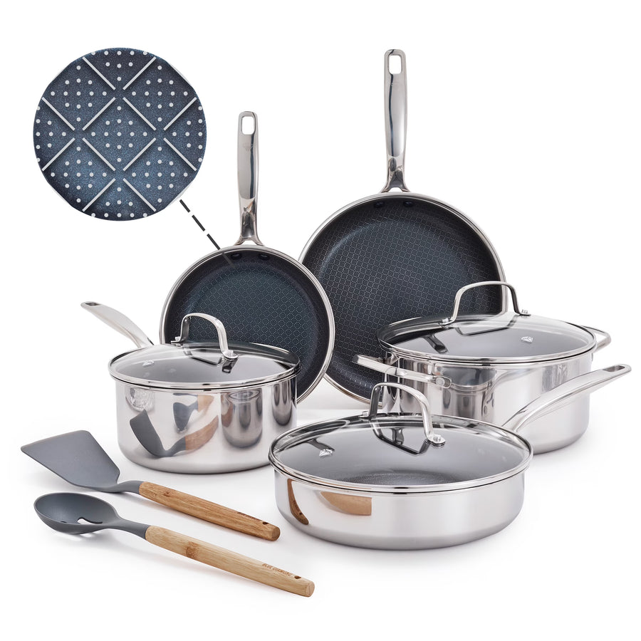 Blue Diamond 10 - Piece Diamond - Bond Hybrid Ceramic Nonstick Stainless Steel Cookware Set, Dishwasher Safe