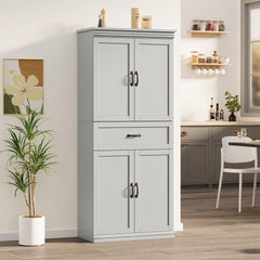 Dsstyles Pantry Cabinet, Freestanding Kitchen Pantry Storage Cabinet, 70" Cupboard, Tall Storage Cabinet with Doors and Adjustable Shelves, for Bathroom, Dining Room, Living Room, Antique White/Gray