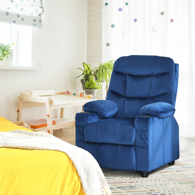 Kids Recliner Chair Adjustable Velvet Lounge Sofa with Cup Holders, 3 Pockets, Retractable Footrest, Toddler Furniture Sofa for Boys Girls Room