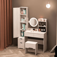 Ubesgoo Lighted Vanity Table Set, Dressing Table with Full Length Mirror, Bedroom Makeup Table with Hidden Stoarge Cabinet, White Oak Color