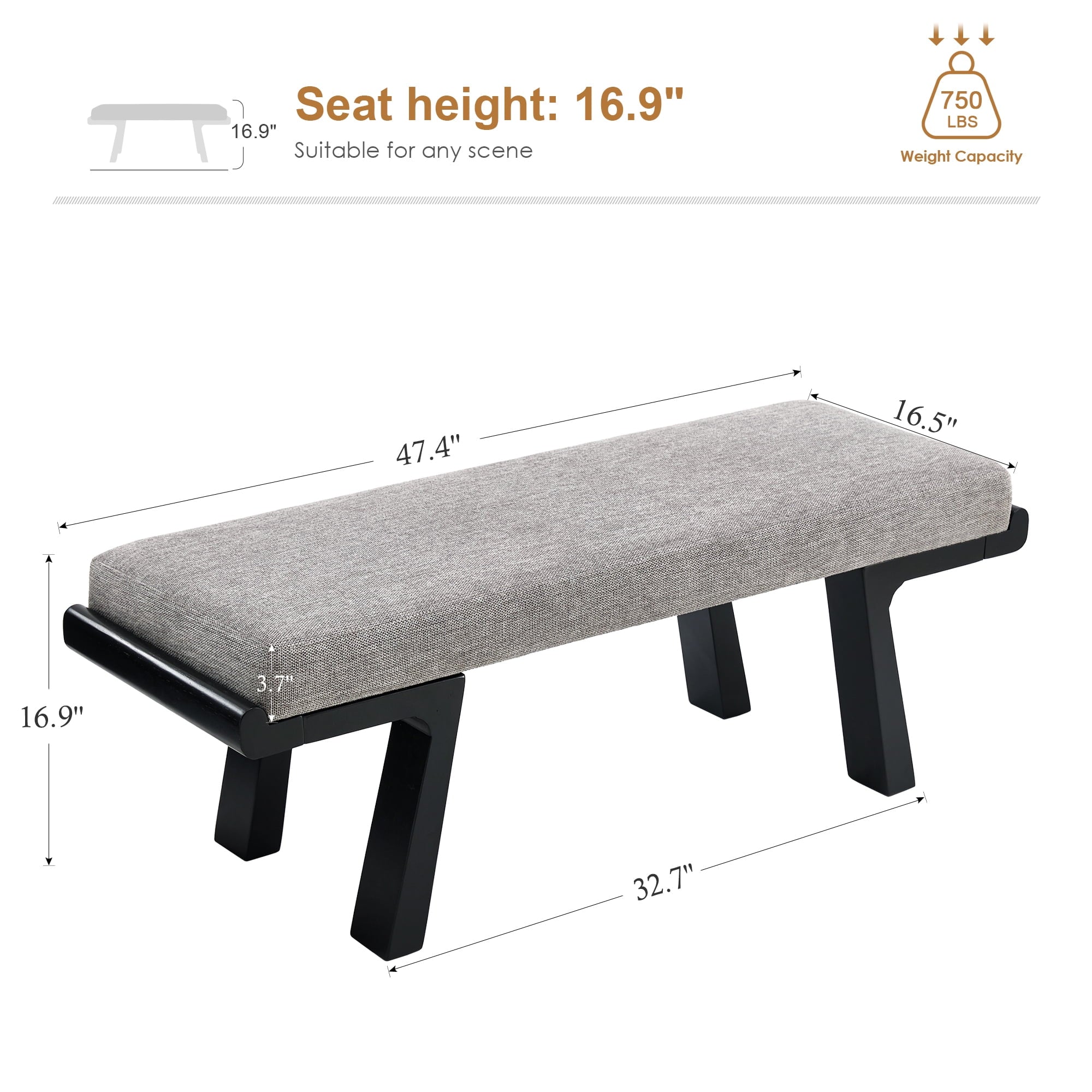 Zesthouse 47.4" Linen Upholstered Bench, Entryway Bench with Solid Wood Legs, Modern Ottoman Bench for Living Bedroom Room, Beige