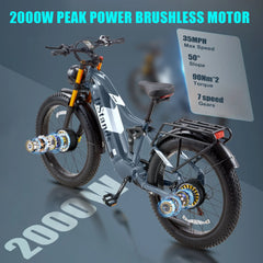 Dual Motors AWD 2000W Electric Bike for Adult 26'' UL2849 48V 30AH E - Mountain Bike 4.0 Fat Tire up to 35MPH&120miles Long Range Off - Road Ebike Dual Hydraulic Disc Brakes&Ful Suspension Electric Bicyc