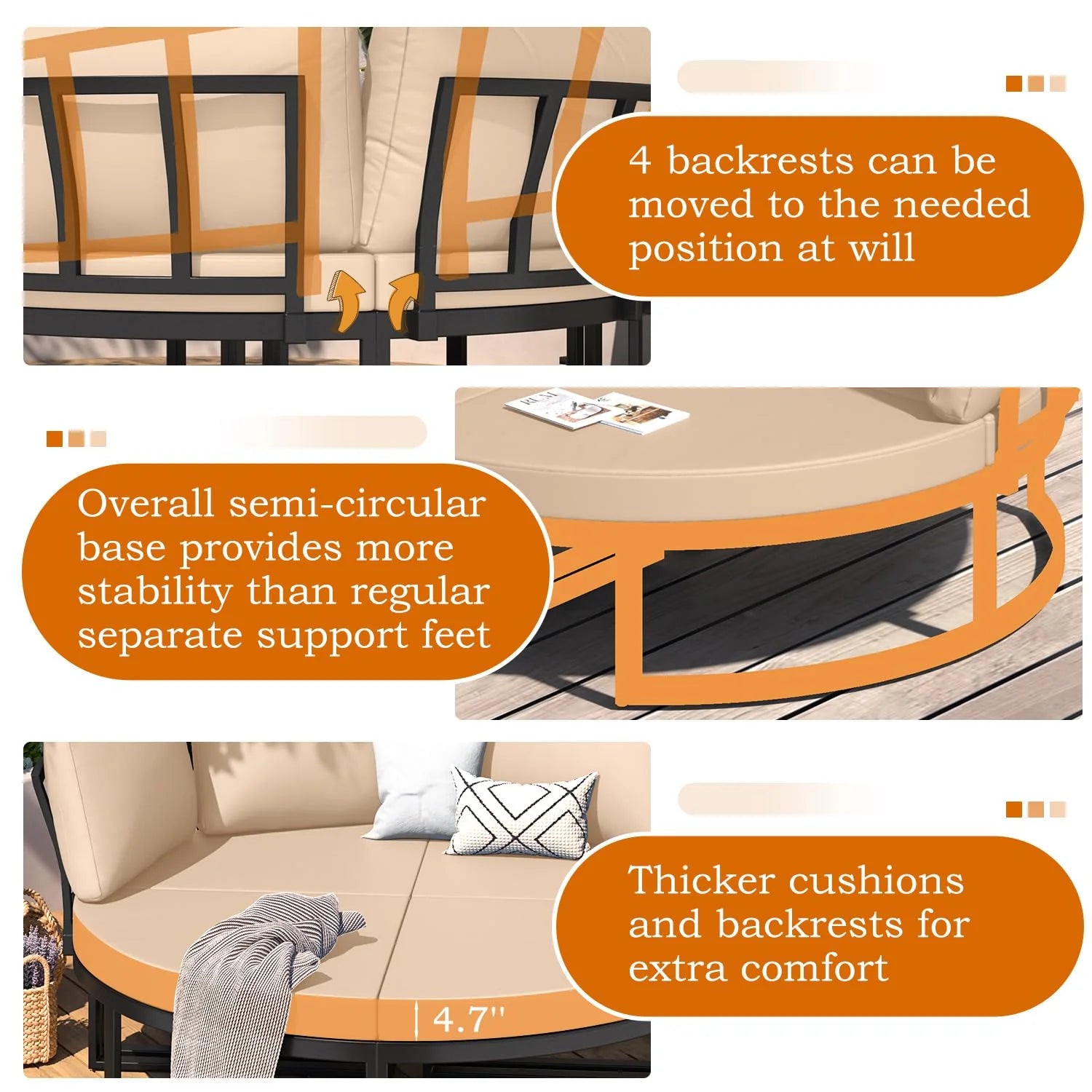 AECOJOY Patio Furniture Outdoor Round Daybed with Removable Cushions 4 Piece Sectional Sofa Patio Furniture Set, Beige