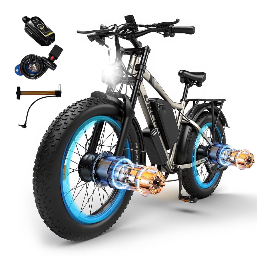 3000W Peak Dual Motor E - Bike, 52V 25AH Battery Elec - Tric Bike for Adults, 35MPH Mountain AWD 7 - Speed Snow E - Bike with 24" x 4.0 Fat Tire for Mountain Snow Hunting Commuting