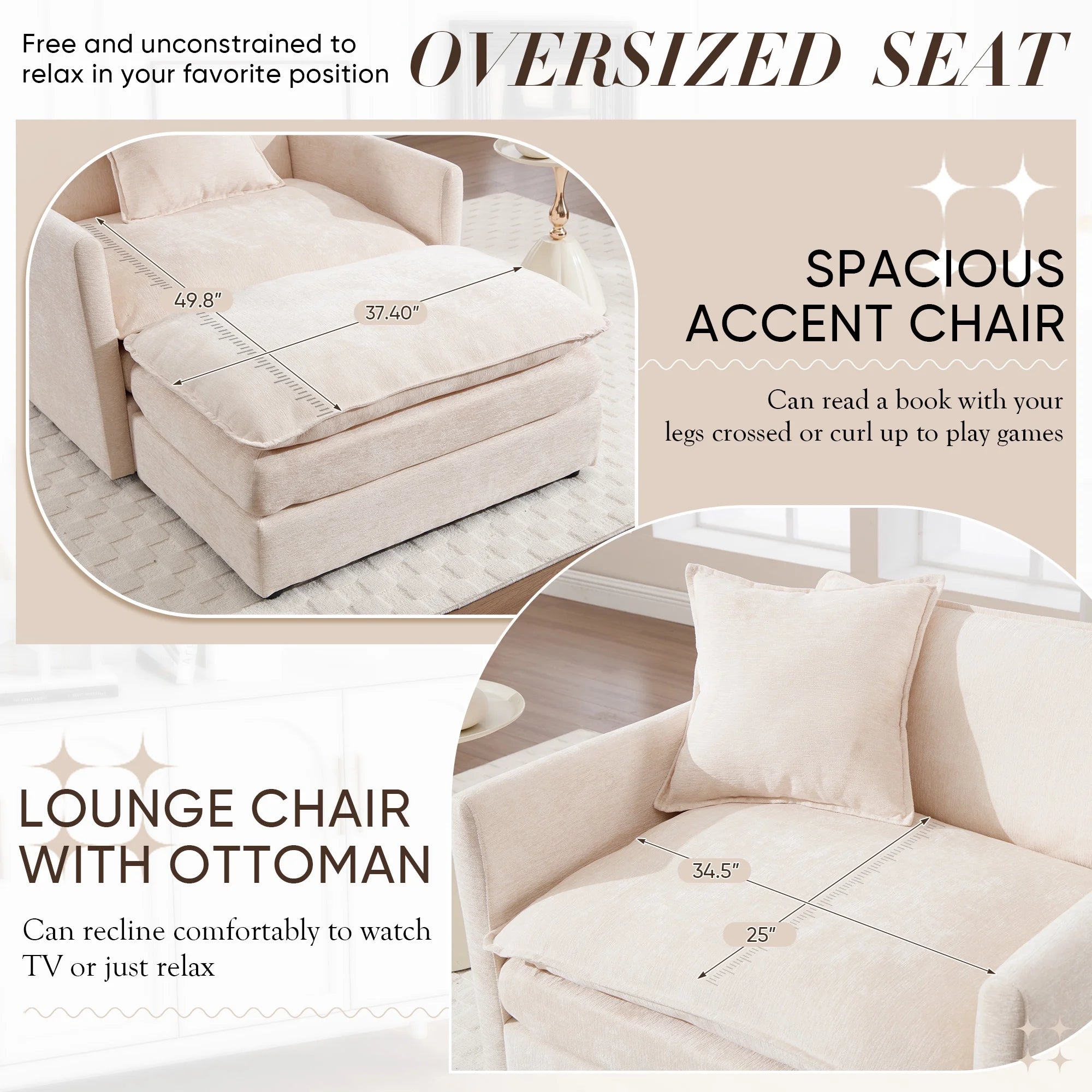 Muumblus Oversized Lounge Chair with Ottoman, Cloud Accent Armchair for Living Room, Beige Chenille