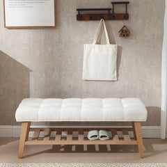 Dayalane Upholstered Storage Bench with Shoe Rack, Linen Fabric Entryway Bench for Living Room, Bedroom and Hallway, Multi Functional Ottoman with Solid Wood Shelf, Beige