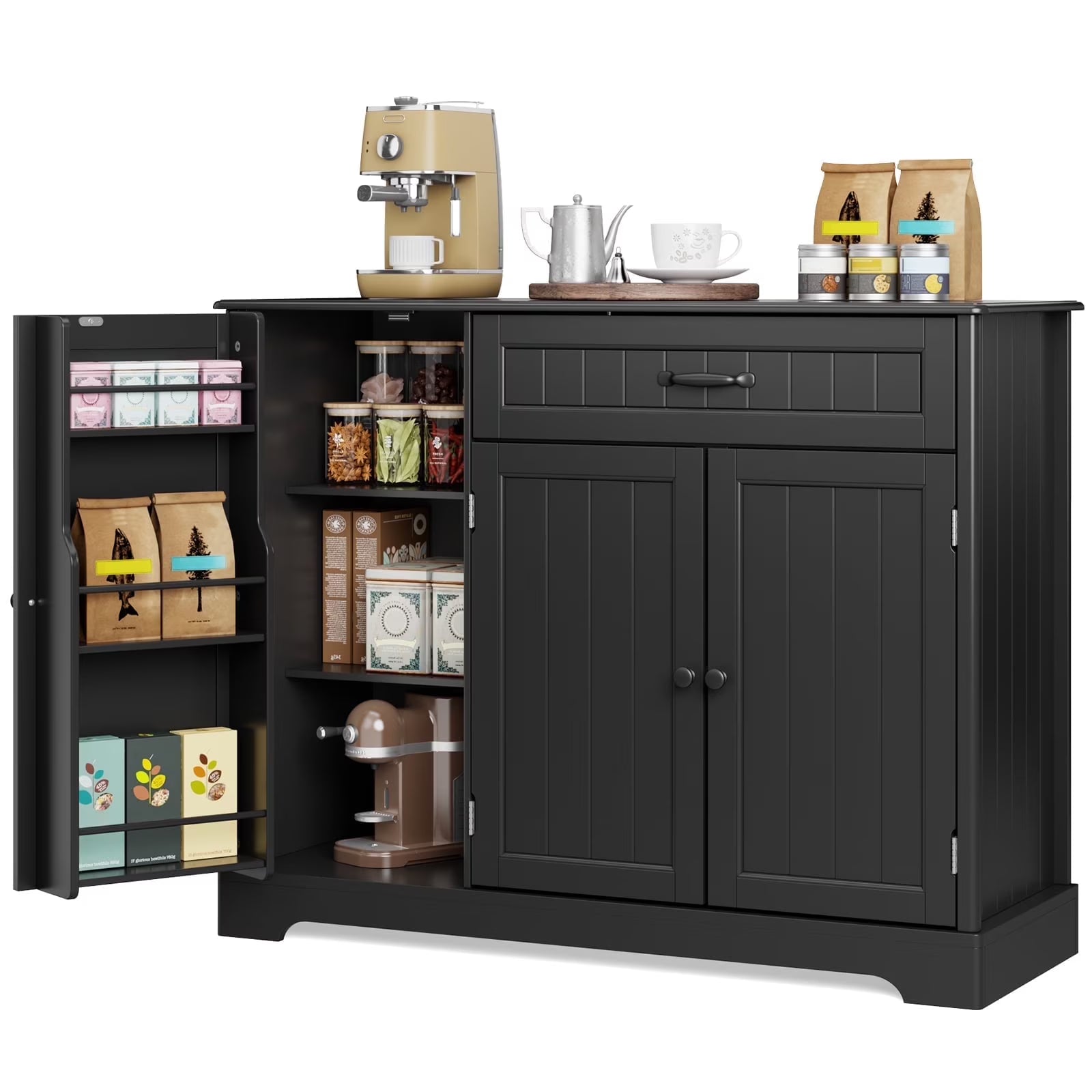 Coffee Bar, Lofka 42" Kitchen Storage Cabinet, Sideboard Buffet Cabinet with 8 Shelves, 1 Drawer