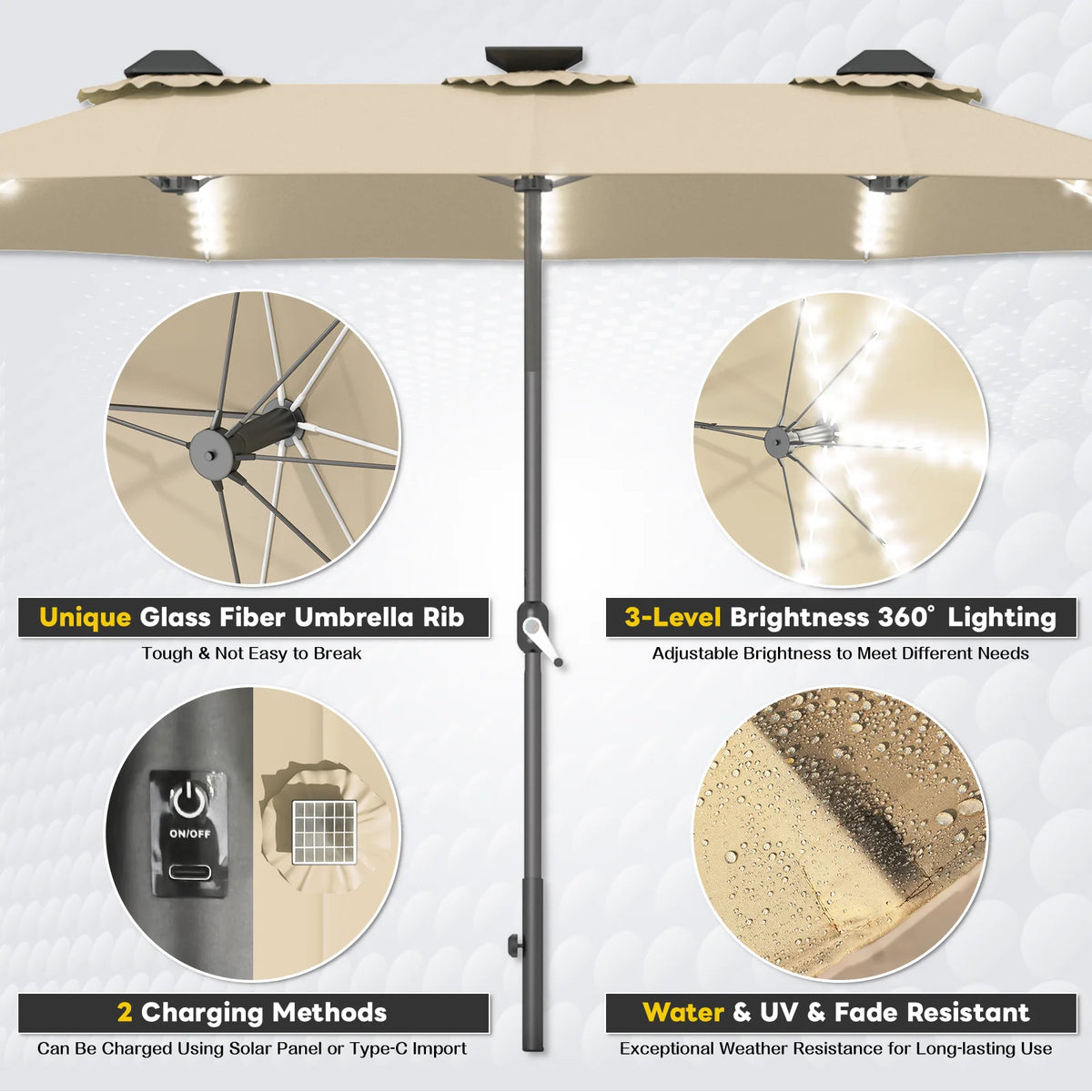 AECOJOY 15ft Patio Double-Sided Umbrella, 156 PCS Solar LED Light Outdoor Large Umbrella, Beige