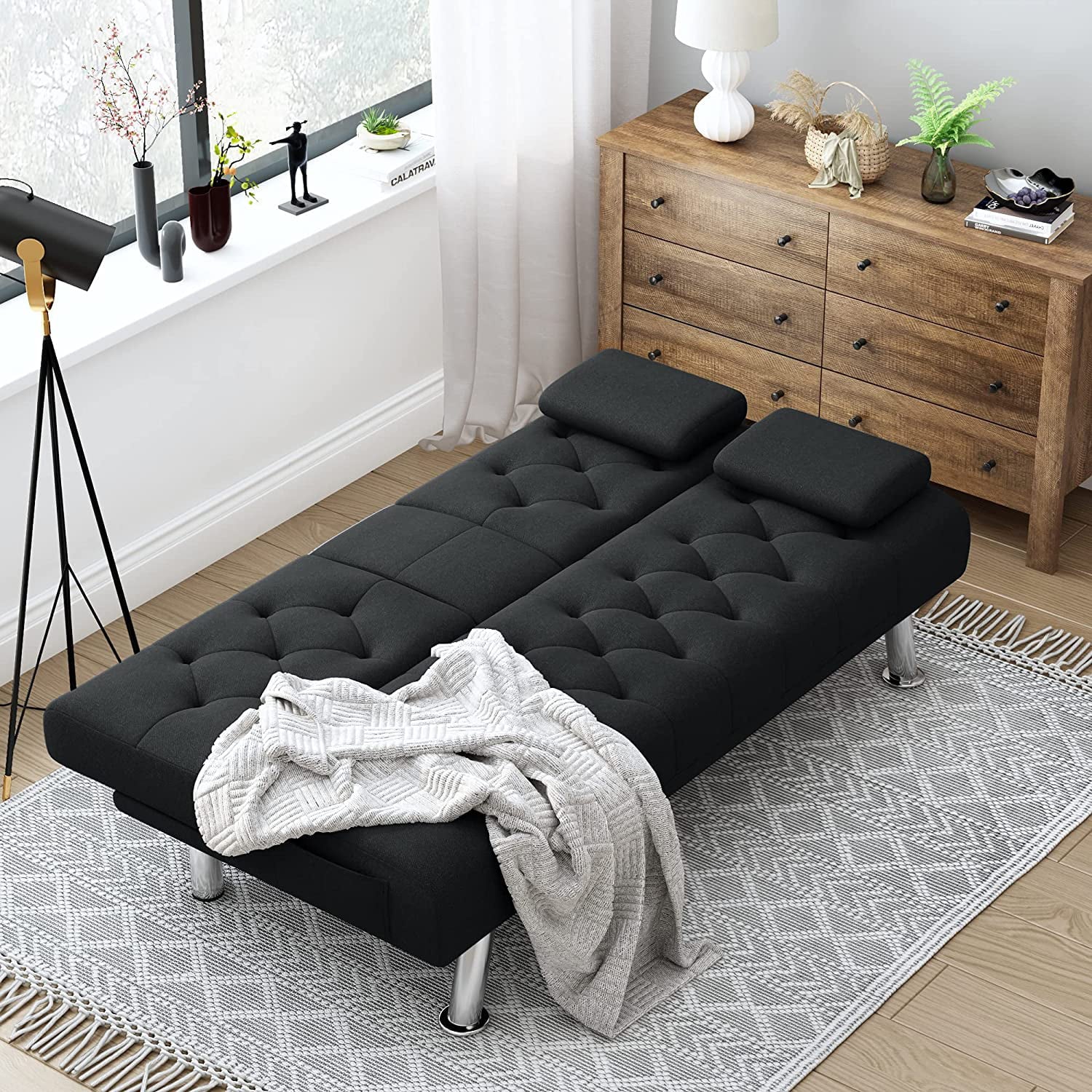 Homfa 66.3'' Upholstered Sofa Bed Couch, Convertible Futon Folding Sleeper Sofa with Removable Armrests and 2 Cupholders for Living Room, Black