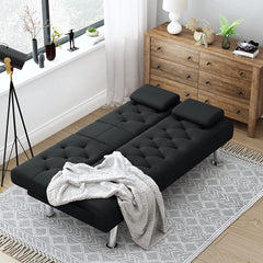 Homfa 66.3'' Upholstered Sofa Bed Couch, Convertible Futon Folding Sleeper Sofa with Removable Armrests and 2 Cupholders for Living Room, Black