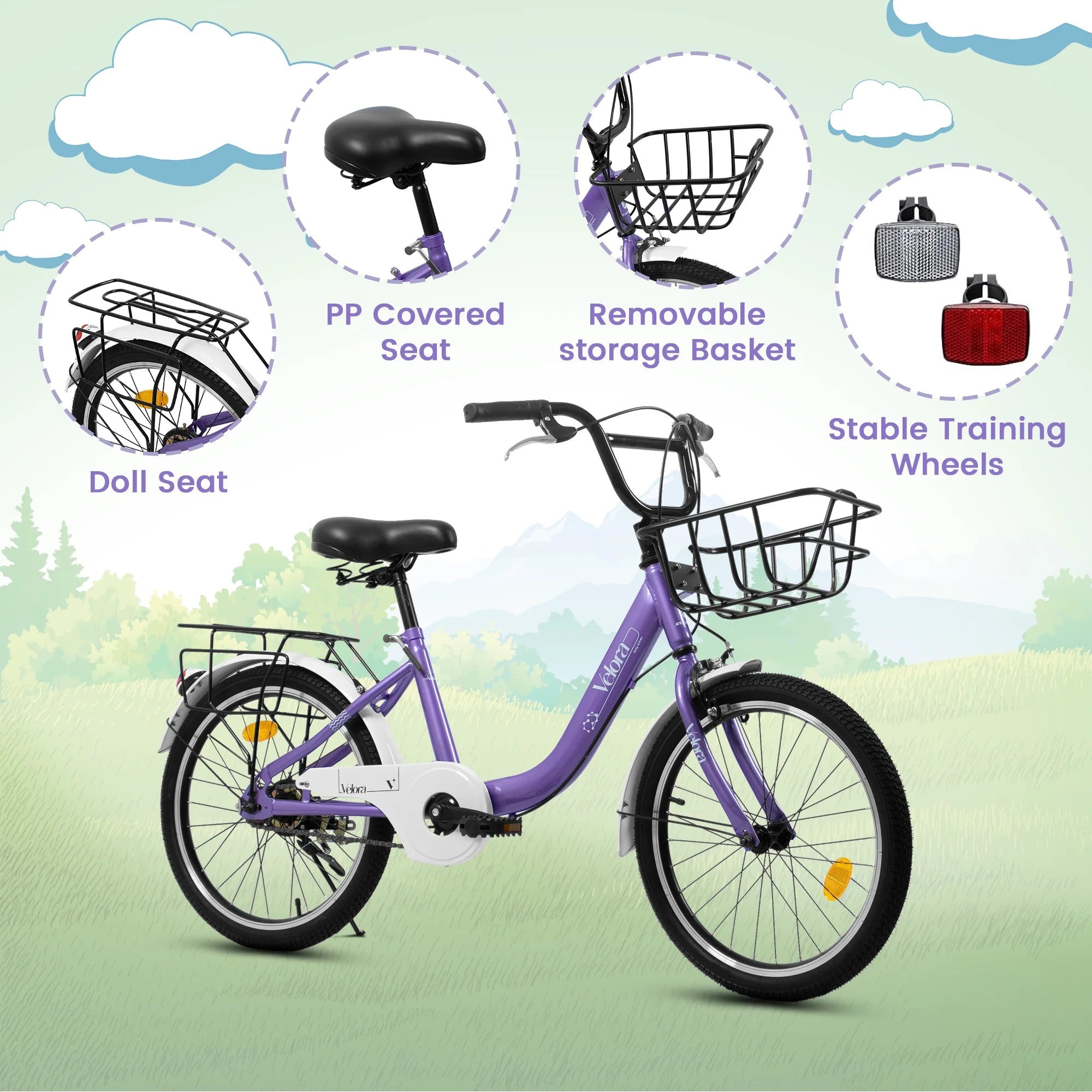 20 in Kids Bike for Boys Girls, 1 Speed Children Bicycle with Basket, Rear Seat, Chain Guard, Coaster Brake and V - Brake, Steel Frame Kids Bike for Ages 6 - 12 Years Old Birthday Gift, Purple