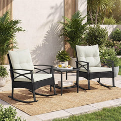 3 Piece Rattan Patio Rocking Bistro Set, Outdoor Wicker Rockers with Cushions & 2-Tier Tempered Glass Coffee Table for Porch, Balcony, Backyard