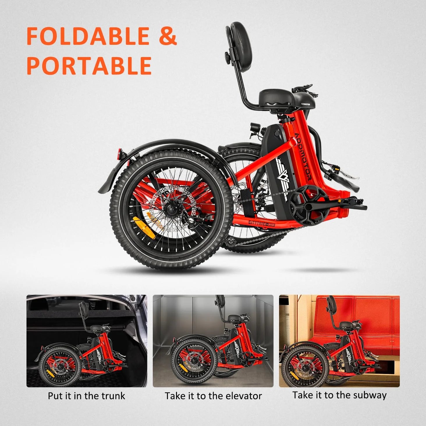 Addmotor Folding Electric Trike, 90MI Electric Tricycle for Adults, 750W 48V 20ah, CITYTRI 3 Wheel Electric Bikes, Step - Thru Etrike with Rear Speed Differential & Parking Brake, E - 310 Plus Red