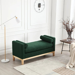 53.5"w Elegant Upholstered Bench with Wood Legs & Round Pillows, Comfy Boucle Fabric Footrest with Arms, Entryway Bench for End of Bed, Bedroom and Living Room, Ivory