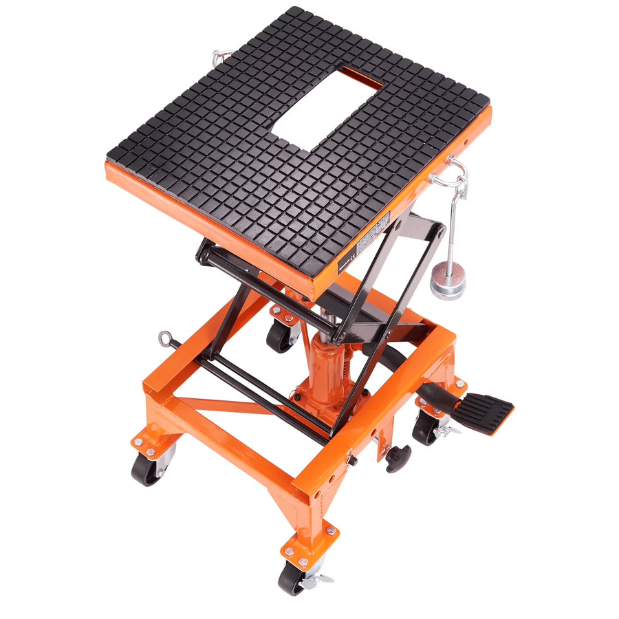 BENTISM Hydraulic Motorcycle Lift Table 350 lb Height 13' - 36' Dirt Bike Scissor Jack Stand with Wide Deck Safety Pin J - Hook