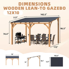AECOJOY 12' x 10' Outdoor Wooden Gazebo, Patio Lean to Hardtop Pergolas and Gazebos