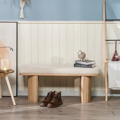 Solid Wood and Beige Velvet Bench Exotic Boho Entryway