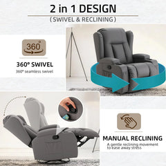 AECOJOY Recliner Chair with Massage and Heat, 360° Swivel Rocking, Grey