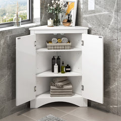 Home Floor Corner Cabinet with Adjustable Shelves and Two Doors, Triangle Bathroom Storage Cabinet, Modern Style Freestanding Floor Cabinet for Kitchen, Living Room and Hall, Oak