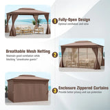 10 x 13 FT Patio Gazebo, Double-Roof Outdoor Canopy Tent with Mesh Netting & Privacy Curtains, Heavy-Duty Metal Frame Pavilion for Garden Yard